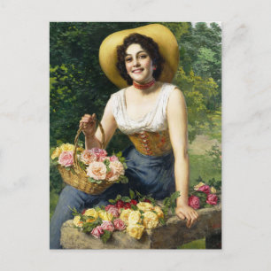 Vintage Dame mit einem Korb Rosen Postkarte