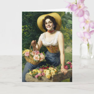 Vintage Dame mit einem Korb von Rose Karte