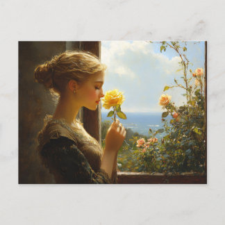 Vintage Dame mit gelbem Rosengemälde Postkarte