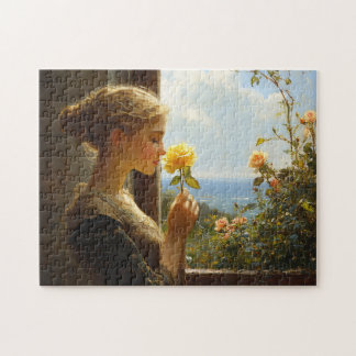 Vintage Dame mit gelbem Rosengemälde Puzzle