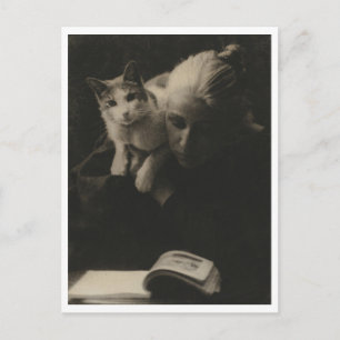 Vintage Dame mit Katze Postkarte Restauriert