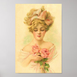 Vintage Dame mit rosa Rosen, restauriert Poster