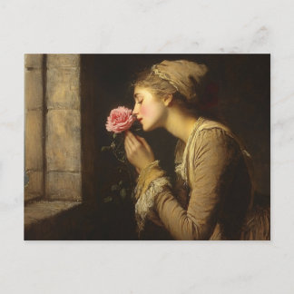 Vintage Dame mit rosa Rosenmalerei Postkarte