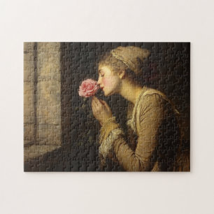 Vintage Dame mit rosa Rosenmalerei Puzzle