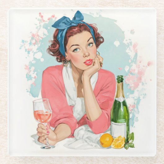 Vintage Dame mit Rosé-Champagner Glasuntersetzer (Vorderseite)