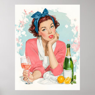 Vintage Dame mit rosé Champagner Poster
