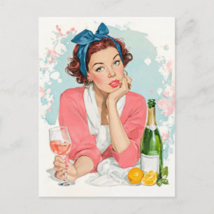 Vintage Dame mit Rosé-Champagner Postkarte