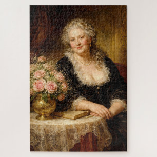 Vintage Dame mit Rosenbouquet posierend Puzzle
