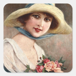 Vintage Dame mit Rosenstrauß Quadratischer Aufkleber