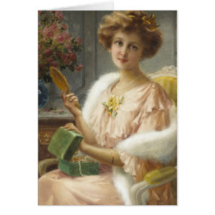 Vintage-Dame mit Spiegel und Schmuckkiste,