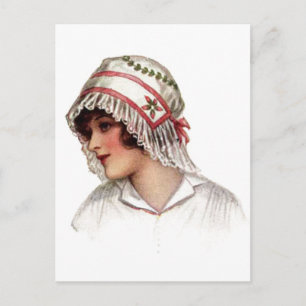 Vintage Dame mit Stickerei und Spitzenhaube Postkarte