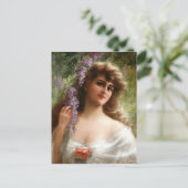 Vintage Dame mit violetten Blumen und Pfirsichblüt Postkarte (Stehend Vorderseite)