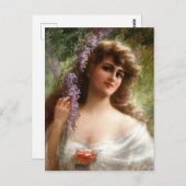Vintage Dame mit violetten Blumen und Pfirsichblüt Postkarte (Vorne/Hinten)