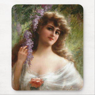 Vintage-Dame mit violetten Blumen und Pfirsichrose Mousepad