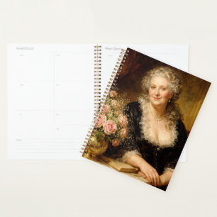 Vintage Dame posiert mit Rosenbouquet Planer