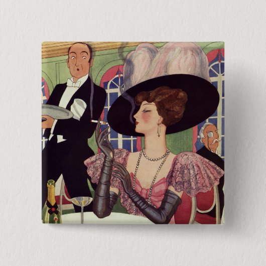 Vintage Dame raucht Zigarette und trinkt Champagne Button (Vorderseite)