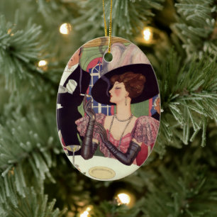 Vintage Dame raucht Zigarette und trinkt Champagne Keramikornament