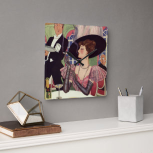 Vintage Dame raucht Zigarette und trinkt Champagne Quadratische Wanduhr