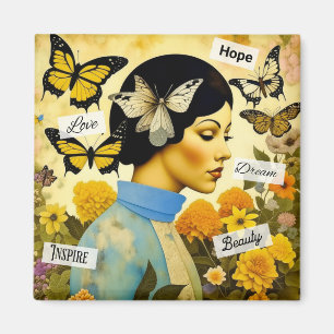 Vintage Dame, Schmetterlinge, Blumen und Inspirati Magnet