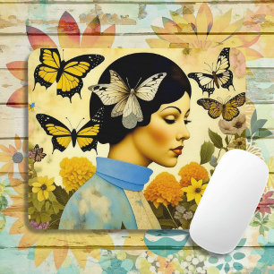 Vintage Dame, Schmetterlinge, Blumen und Inspirati Mousepad