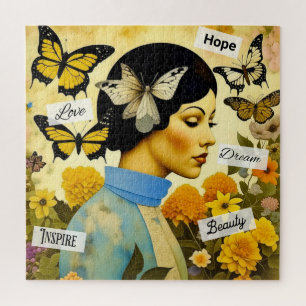 Vintage Dame, Schmetterlinge, Blumen und Inspirati Puzzle