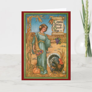 Vintage-Dame und Truthahn Thanksgiving-Karte Karte