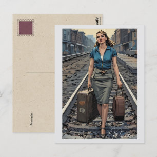 Vintage-Damen-Bahnhof-Gepäck Koffer Postkarte