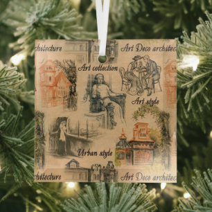 Vintage-Damen in der Stadt Bleistiftzeichnung Ornament Aus Glas