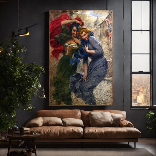 Vintage Damen in grün blau Leinwanddruck