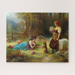 Vintage Damen und ein brauner Hund im Wald Puzzle