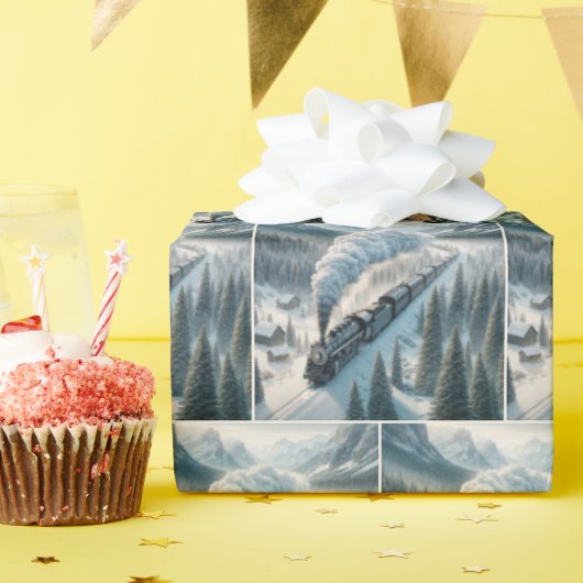 Vintage Dampflokomotive im Snowy Valley Geschenkpapier (Geburtstagsparty)