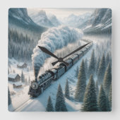 Vintage Dampflokomotive im Snowy Valley Quadratische Wanduhr (Vorderseite)