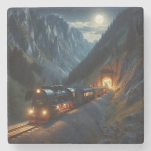 Vintage Dampflokomotive in den Bergen bei Nacht Steinuntersetzer