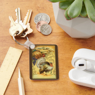 Vintage-Dankesgruß mit einem Truthahn Schlüsselanhänger