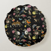 Vintage Dark Botanical Wild Animals in Forest Rundes Kissen (Rückseite)
