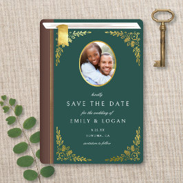 Vintage Dark Green Gold Book Photo Wedding Save The Date