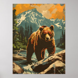 Vintage Darstellung des Braunbären Poster