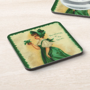 Vintage-Darstellung eines Mädchens am St. Patrick' Getränkeuntersetzer