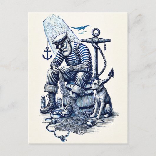 Vintage Darstellung eines Seemanns mit Hund Postkarte (Vorderseite)
