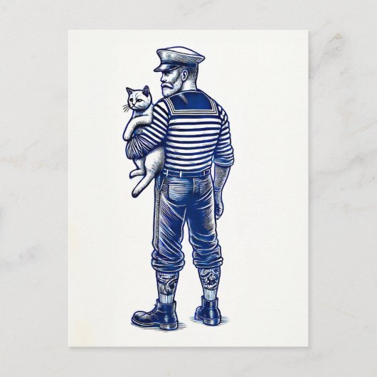 Vintage Darstellung eines Seemanns mit Katze Postkarte (Vorderseite)