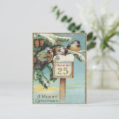 Vintage December 25th Birds & Pine Christmas Postkarte (Stehend Vorderseite)