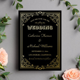 Vintage Deco Art Schwarz & Goldene Save The Date Folieneinladung