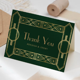 Vintage Deco Frame Green Gold Wedding Thank You Karte