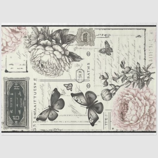 Vintage Decoupage Butterfly Elfenbeinrosa Künstler Seidenpapier (Vorderseite)