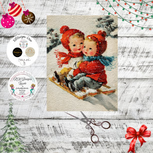 Vintage-Dekor Kinder Schlittenfahren Schneewald Seidenpapier