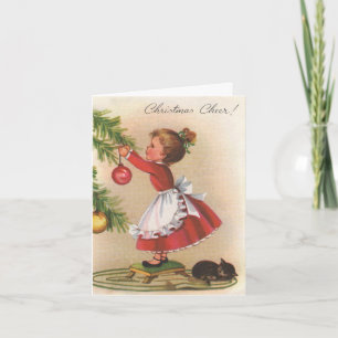 Vintage Dekorationskarte Tree Kitty Cat Weihnachts Feiertagskarte