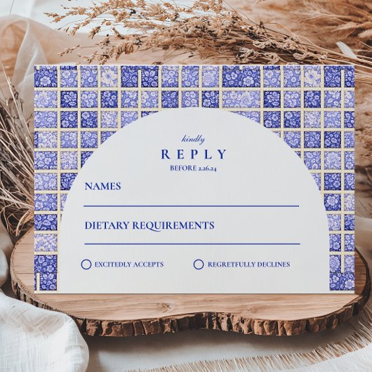 Vintage Delft Patchwork Wedding RSVP Karte