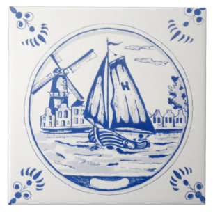 Vintage Delfts Blauw Niederländisches Segelboot mi Fliese