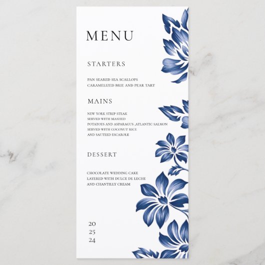 Vintage Delftware style Blue Floral Wedding Menükarte (Vorderseite)