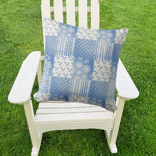 Vintage Denim Blau Cremeweißes Patchwork  Kissen